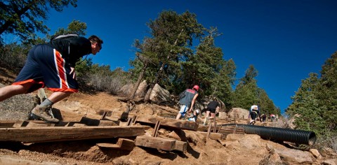 Hikers push through the steepest portion of the Incline which is a staggeringly high 68% grade.