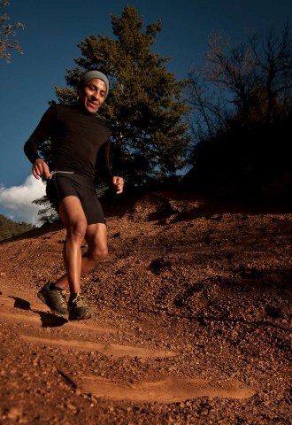 A runner's jog completes a revolution of the Incline as the first light of day warms the scene.  Runners and hikers sometimes repeat the grueling ~2,000+ ft. elevation gain several times.