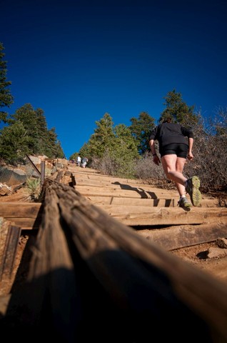 Hikers push through the steepest portion of the Incline which is a staggeringly high 68% grade.